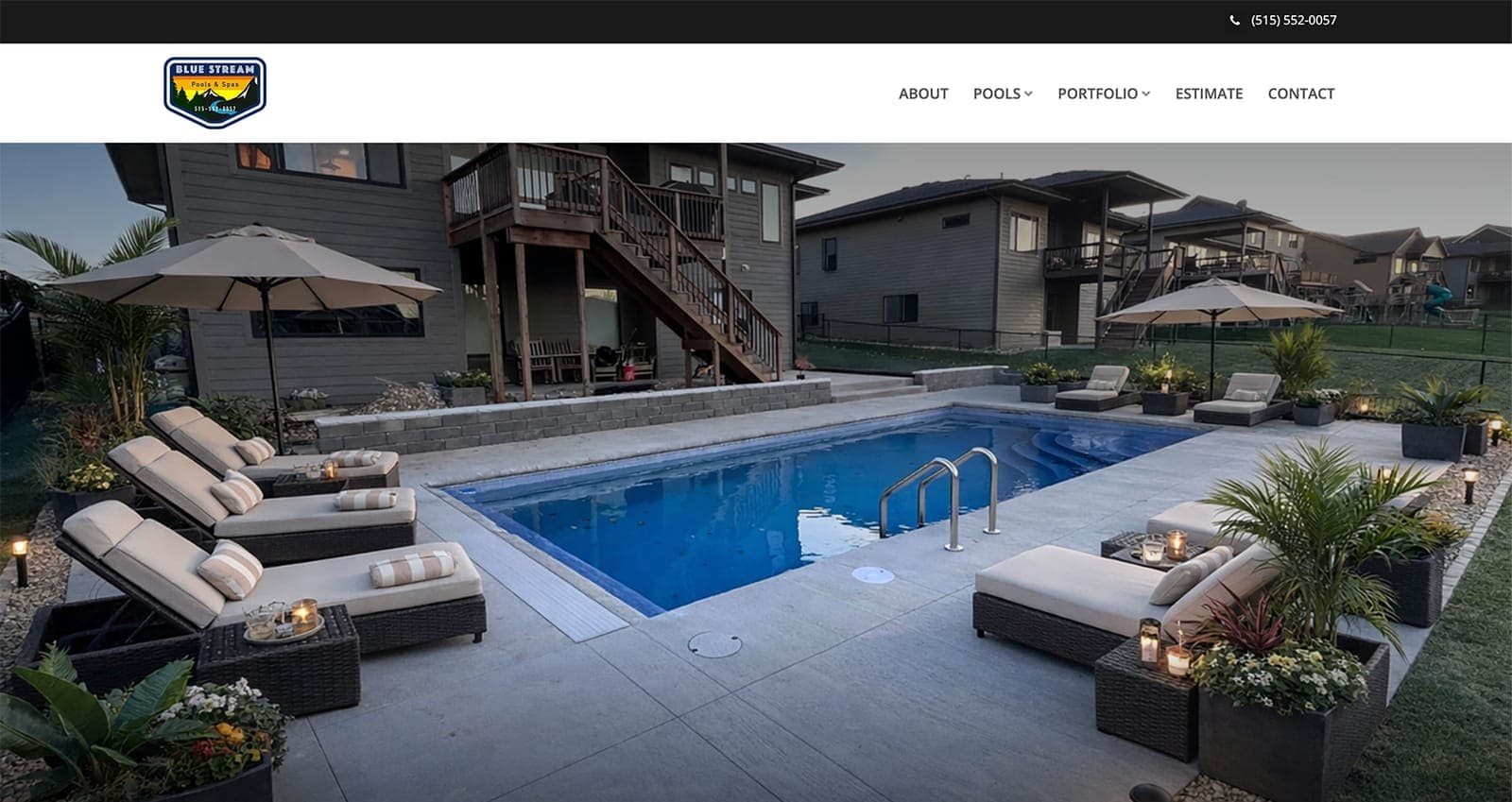 The Blue Stream Pools & Spas homepage, with the logo and navigation above a photo of a backyard pool at dusk, surrounded by lounge chairs, umbrellas and planters