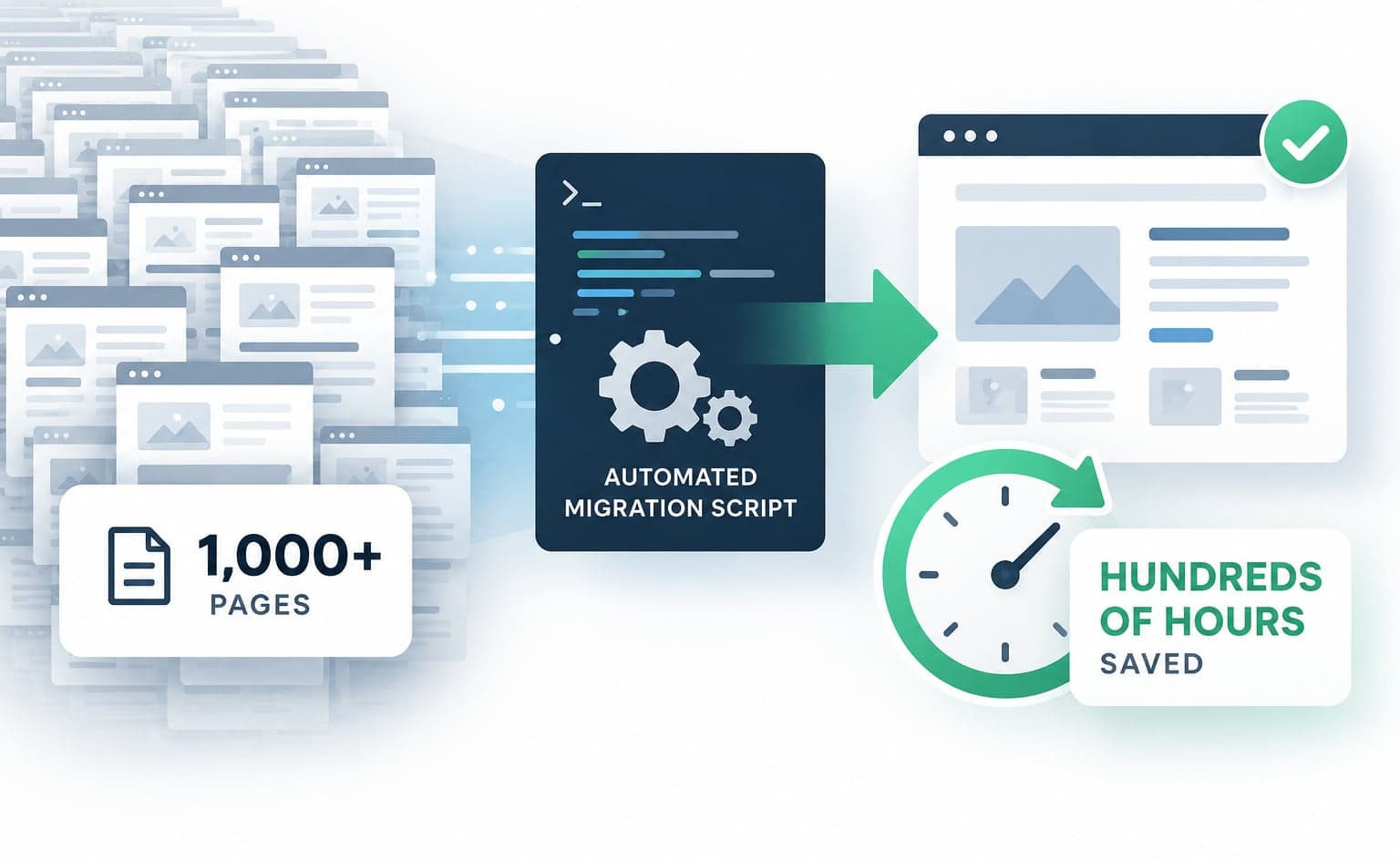 Illustration of more than 1,000 pages passing through an automated migration script into a new site, saving hundreds of hours