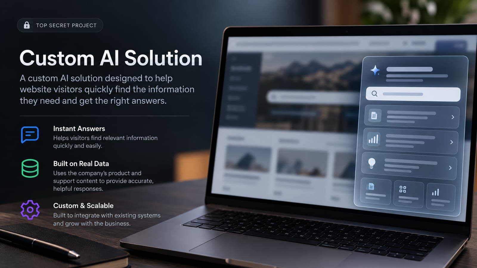 Illustration of a custom AI search panel on a laptop, beside the headline Custom AI Solution and three features: Instant Answers, Built on Real Data, and Custom & Scalable